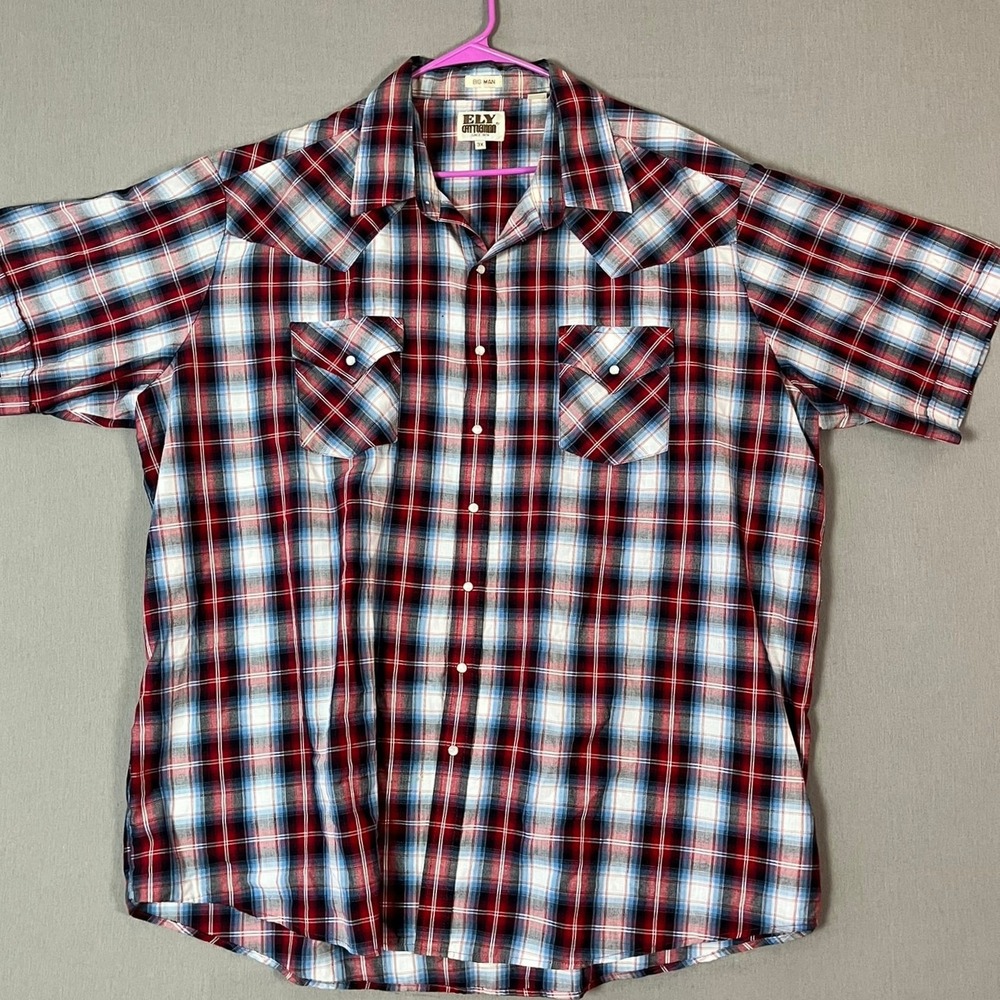 Ely Cattleman Western Shirt 3X Plaid Red‎ White Blue Pearl Snap Short Sleeve